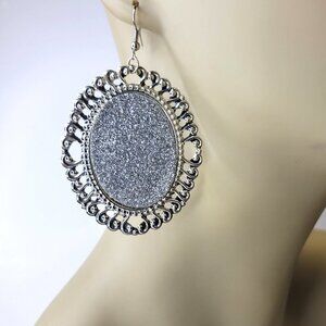 Silver Glitter Oval Earrings Gold Filigree Oval Earrings Large Glitter Earrings